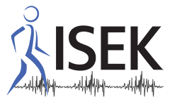 ISEK logo - blue brush-stroke stick figure walking on waveform towards the letters ISEK (International Society of Electrophysiology and Kinesiology)